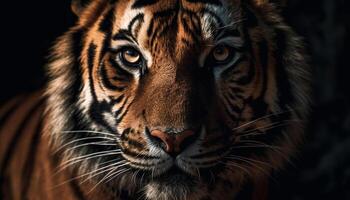 cerca arriba retrato de majestuoso Bengala Tigre curioso a cámara generado por ai foto