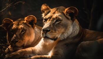 majestuoso leona curioso, cerca arriba retrato, belleza en naturaleza, fauna silvestre reserva generado por ai foto