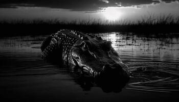 Crocodile resting in tranquil swamp, teeth bared in danger generated by AI photo