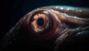 Close up of an octopus eye in the underwater reef generated by AI photo