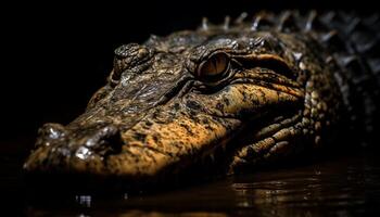 Endangered Nile crocodile teeth in focus, close up of animal head generated by AI photo