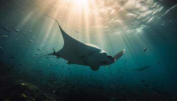 Majestic turtle swims below transparent blue water in tropical reef generated by AI photo