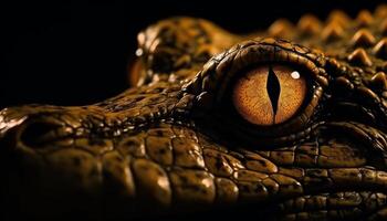Endangered reptile patterned skin and eye in spooky black background generated by AI photo