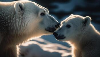 Cute bear cub plays in icy water, reflecting arctic tranquility generated by AI photo