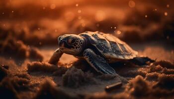 Slow crawling turtle in nature, close up of animal shell generated by AI photo