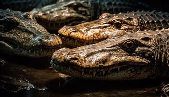 furioso cocodrilo multi de colores dientes en cerca arriba, un peligroso depredador generado por ai foto