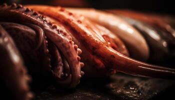 Grilled seafood and meat on wood plate, ready to eat appetizer generated by AI photo