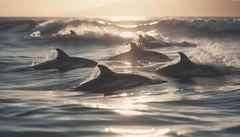 juguetón delfines salpicaduras en el azul mar a puesta de sol generado por ai foto