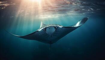 majestuoso manta rayo nadando abajo, un natural belleza en movimiento generado por ai foto