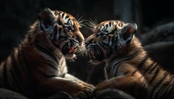 Bengala Tigre curioso ferozmente con a rayas piel en tropical selva generado por ai foto