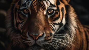 Close up portrait of majestic Bengal tiger staring with aggression generated by AI photo