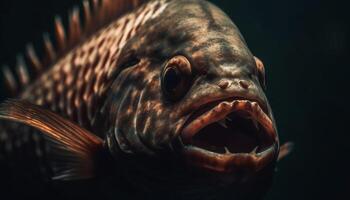 Sharp teeth of a furious saltwater fish in close up portrait generated by AI photo