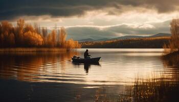 Sunset rowboat adventure tranquil water, serene forest, and fishing fun generated by AI photo