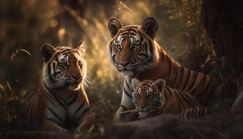 Bengal tiger cub staring at camera in grassy forest portrait generated by AI photo