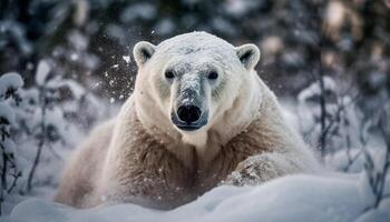 Cute arctic mammal in snowy wilderness, endangered and motionless portrait generated by AI photo