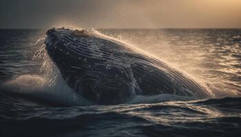 Sunset surfers spray blue waves, splashing in nature beauty generated by AI photo