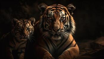 Close up portrait of majestic Bengal tiger staring with aggression generated by AI photo