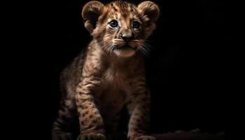 Endangered Bengal tiger cub staring, playful and majestic in studio generated by AI photo