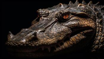 Furious alligator dangerous teeth in close up portrait, on black generated by AI photo