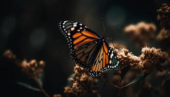 Vibrant monarch butterfly wing showcases natural beauty in multi colored pattern generated by AI photo