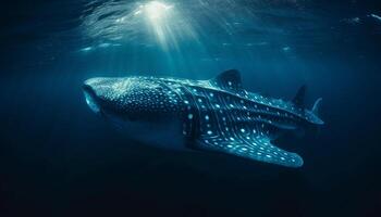 Majestic aquatic mammal swimming in multi colored reef, below dark water generated by AI photo