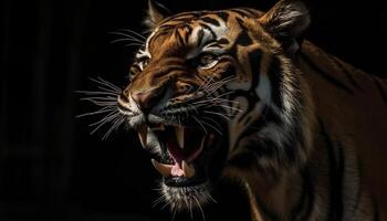 majestuoso Bengala Tigre curioso ferozmente con a rayas piel y agresión generado por ai foto