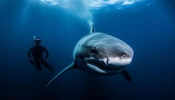 Men diving into deep blue sea, encountering majestic sea life generated by AI photo