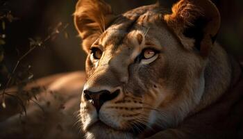 Majestic lioness staring at camera in African wilderness area generated by AI photo