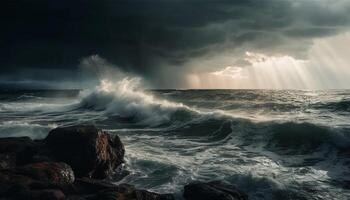 Dramatic sky over horizon, waves crashing on rocky coastline generated by AI photo