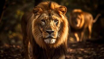 majestuoso masculino león caminando en el africano desierto, curioso adelante generado por ai foto
