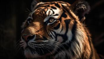 Bengal tiger staring fiercely, its striped fur a pattern of aggression generated by AI photo