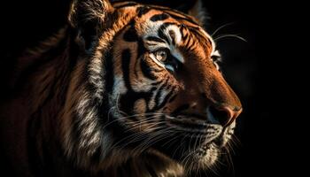 majestuoso Bengala Tigre curioso con agresión en tropical selva retrato generado por ai foto