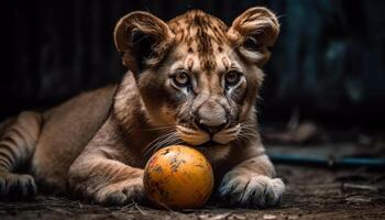 Fluffy young Bengal tiger playing with toy ball indoors generated by AI photo