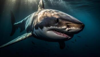 majestuoso gigante pescado con peligroso dientes en submarino arrecife aventuras generado por ai foto