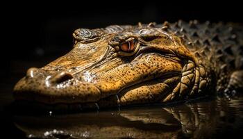 Aggressive crocodile bares teeth in close up portrait by water generated by AI photo