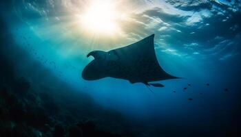 Majestic turtle silhouette swims below multi colored reef in tropical seascape generated by AI photo