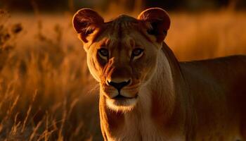 majestuoso leona en el sabana, mirando a cámara a puesta de sol generado por ai foto