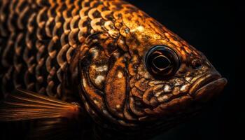 Multi colored fish tail in blue water, selective focus on foreground generated by AI photo