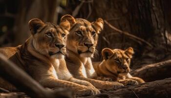 Majestic lioness resting in the wilderness, with her adorable cub generated by AI photo