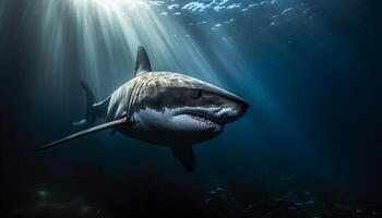 majestuoso manta rayo, gigante dientes, nadando en escalofriante agua salada generado por ai foto