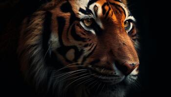 Majestic feline staring, selective focus on striped Bengal tiger eye generated by AI photo