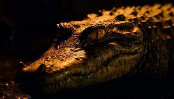 Large alligator scales in selective focus, dangerous predator in wet swamp generated by AI photo