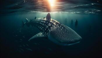 Majestic turtle swims in tropical seascape, surrounded by underwater animals generated by AI photo