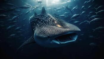 Majestic dolphin swimming below the reef, teeth bared in motion generated by AI photo