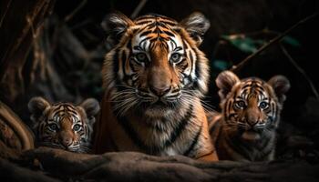 Majestic tiger staring, close up eye, selective focus on yellow fur generated by AI photo