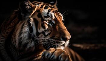 Bengal tiger staring at camera, majestic beauty in nature portrait generated by AI photo