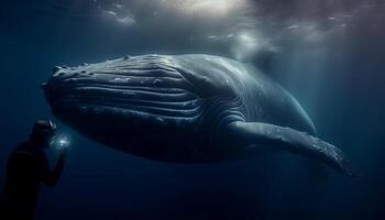 Majestic humpback whale swimming in deep blue underwater adventure generated by AI photo