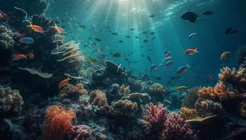 Colorful aquatic school of fish swim in the beautiful Red Sea generated by AI photo