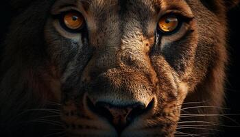 Majestic feline staring, close up of lion face in Africa generated by AI photo