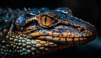 Multi colored reptile in nature, close up portrait of crocodile eye generated by AI photo